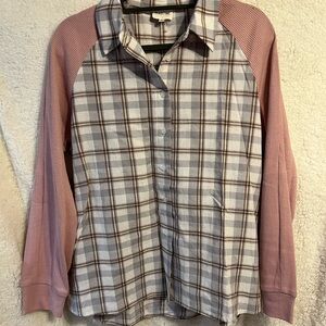 Peach Love California Pink and Gray Plaid Button Down Shirt
